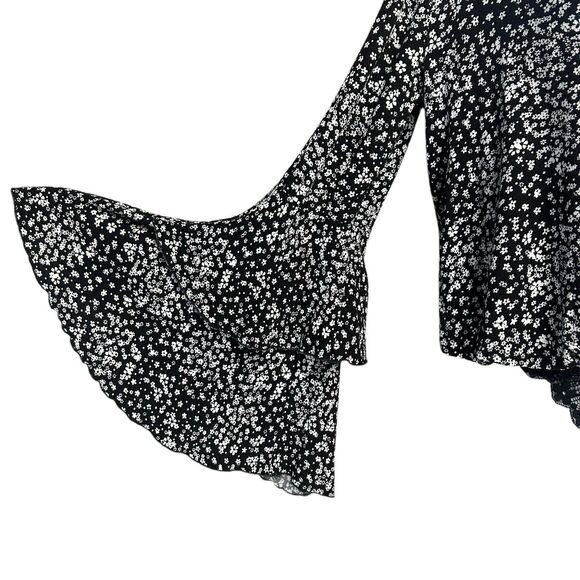 Free People Bodysuit Womens Small Ditsy Black White Floral Tiered Bell Sleeve - Picture 8 of 16